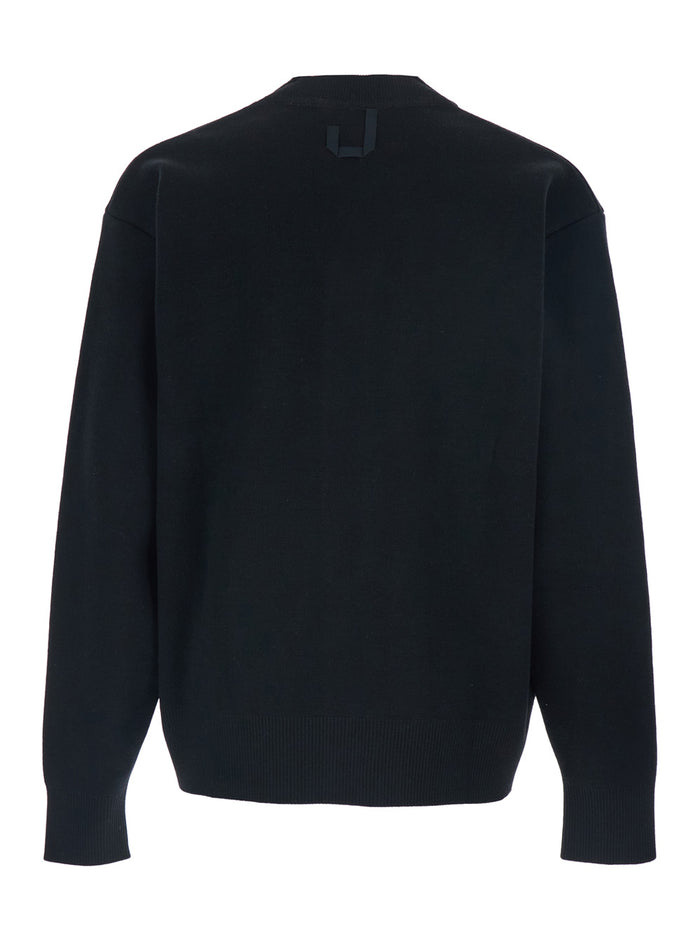 Black V-Neck Cardigan with J Logo on the Back in Wool Man Jersey