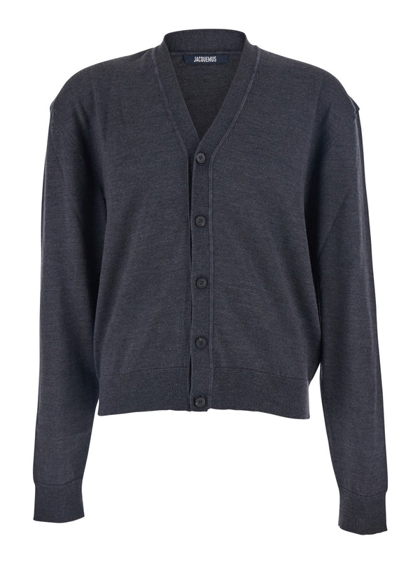 Grey V-Neck Cardigan With Logo Cotton Tops