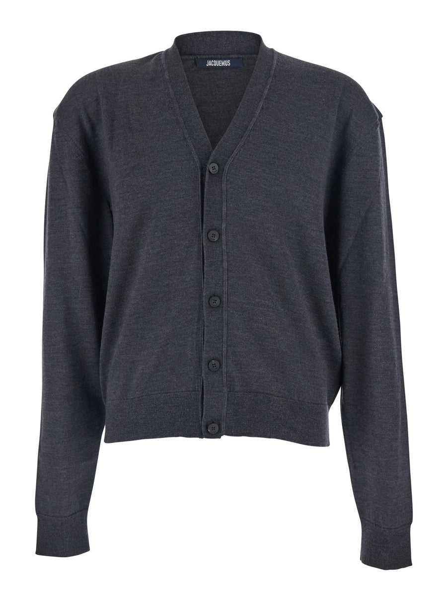Grey V-Neck Cardigan With Logo Cotton Tops