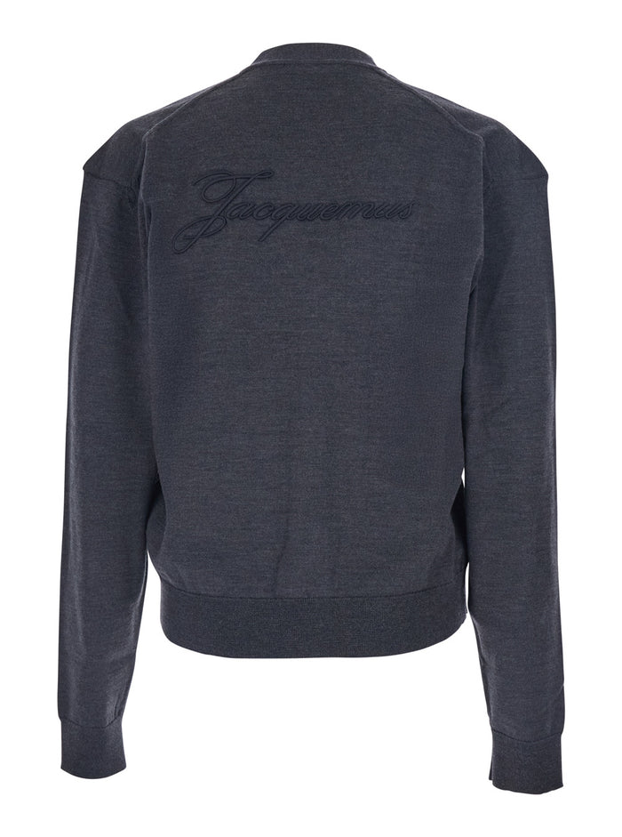 Grey V-Neck Cardigan with Logo on the Back in Cotton Man Jersey