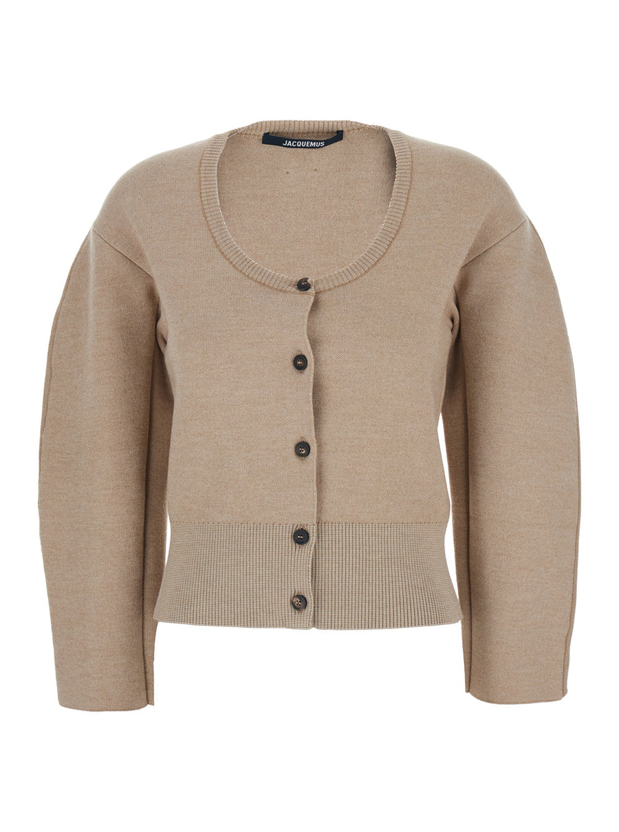Beige Cardigan With Round Neck And Ribbed Trims Wool Tops