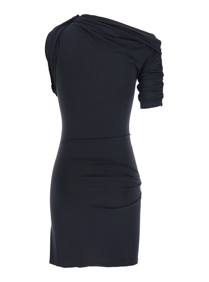 La Mini Robe Drapeado Blue One-Shoulder Dress with Ruched Details in Viscose Blend Stretch Woman Blu Polyester Elastam