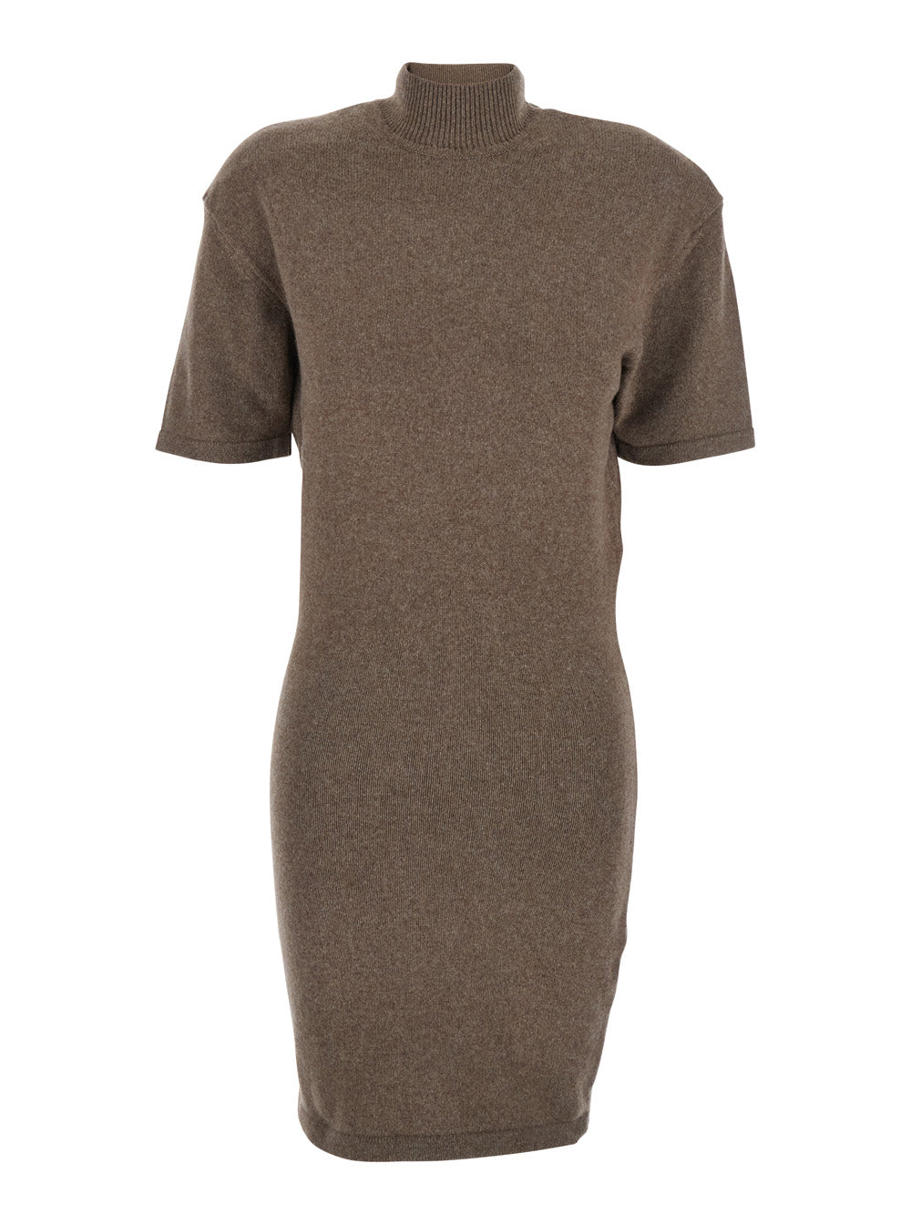 La Robe Maille Castagna Brown Dress with High Ribbed Neck in Wool Woman