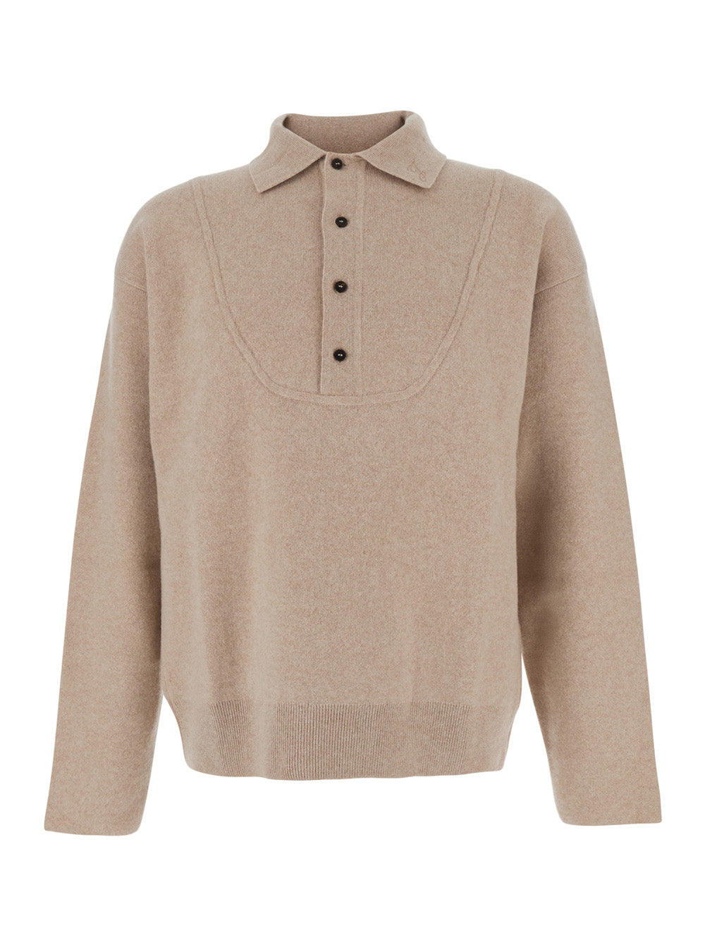Beige Sweater with Polo Collar and Ribbed Details in Wool Man Jersey