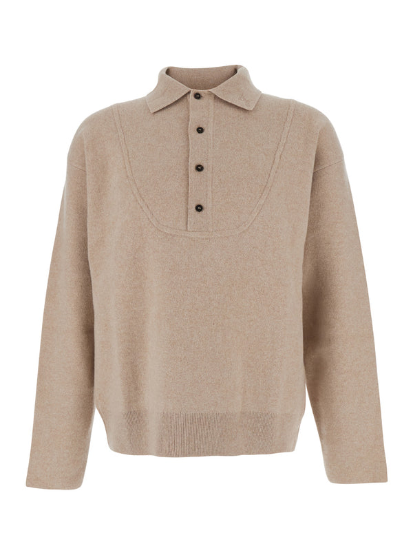 Beige Wool Sweater With Polo Collar