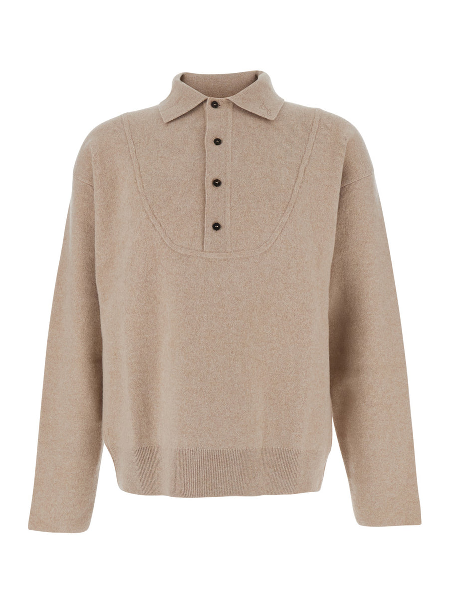 Beige Wool Sweater With Polo Collar