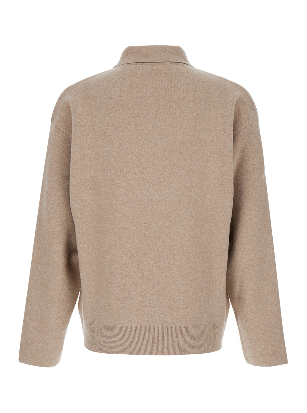 Beige Sweater with Polo Collar and Ribbed Details in Wool Man Jersey