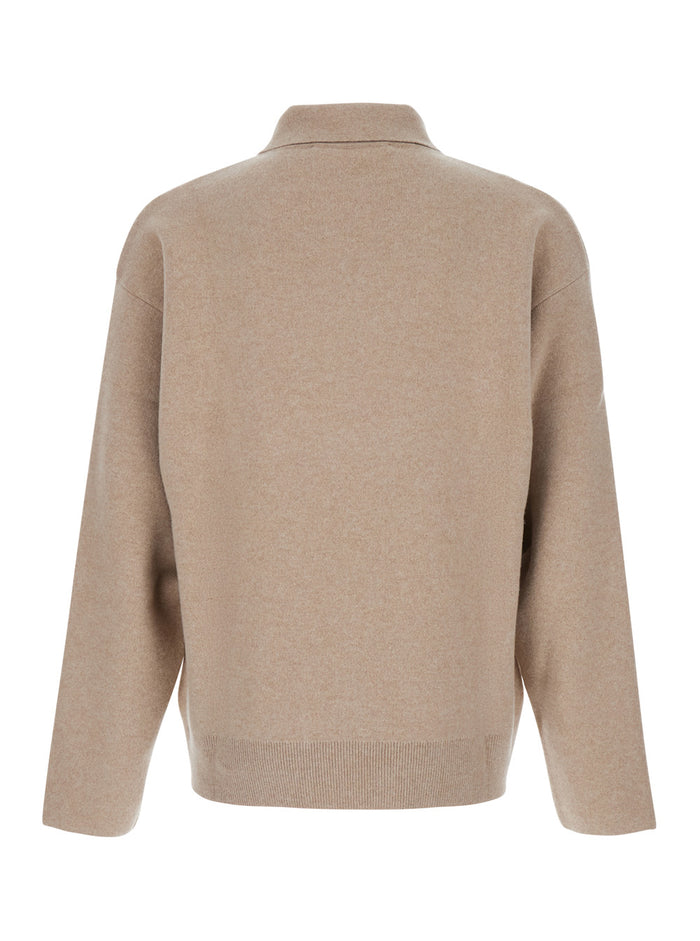 Beige Sweater with Polo Collar and Ribbed Details in Wool Man Jersey