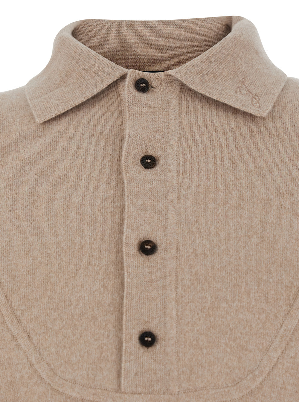 Beige Sweater with Polo Collar and Ribbed Details in Wool Man Jersey