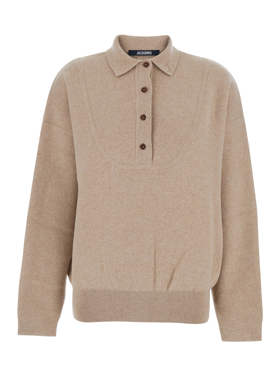 Beige Sweater With Polo Style Collar Wool
