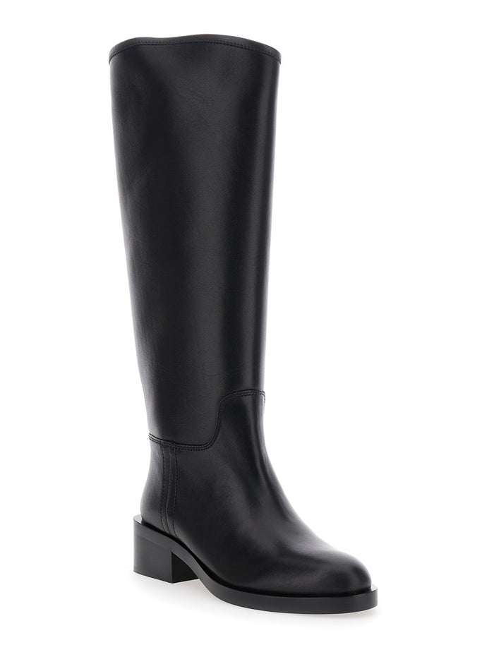 Black Knee High Boots with Block Heel in Leather Woman Cow