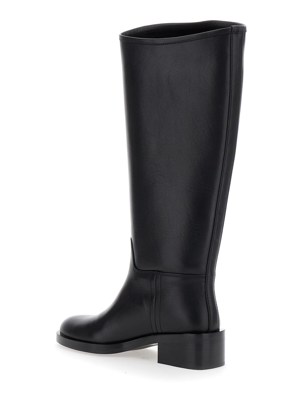 Black Knee High Boots with Block Heel in Leather Woman Cow
