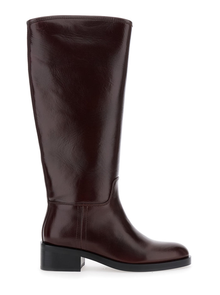 Brown Knee High Boots with Block Heel in Leather Woman Cow