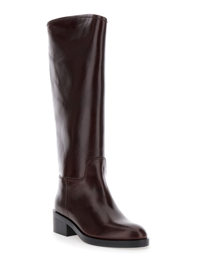 Brown Knee High Boots with Block Heel in Leather Woman Cow
