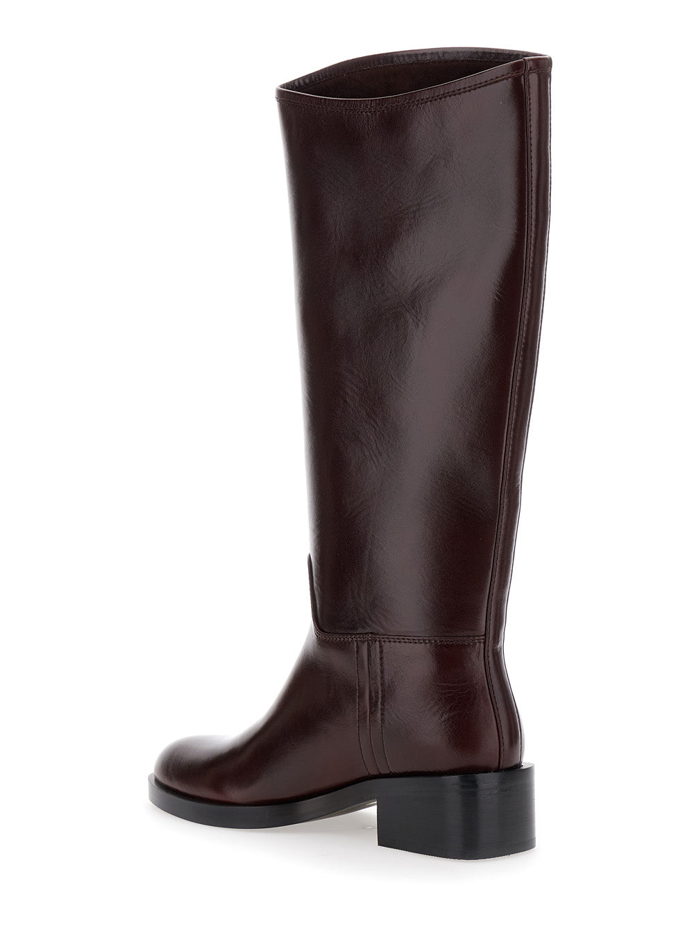 Brown Knee High Boots with Block Heel in Leather Woman Cow