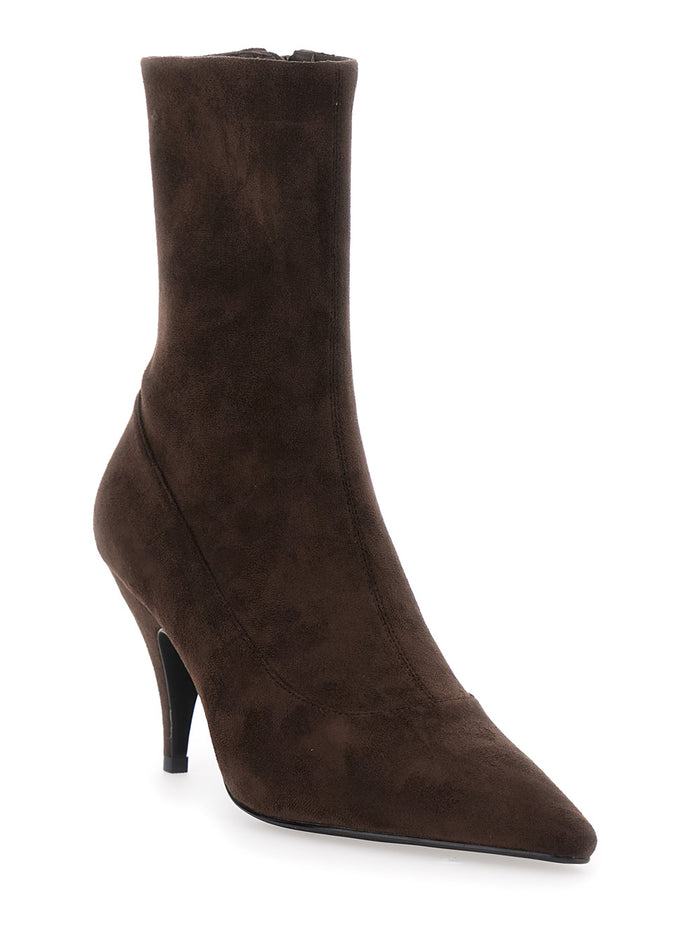 Brown Ankle Boots with Pointed Toe in Leather Woman Fabric