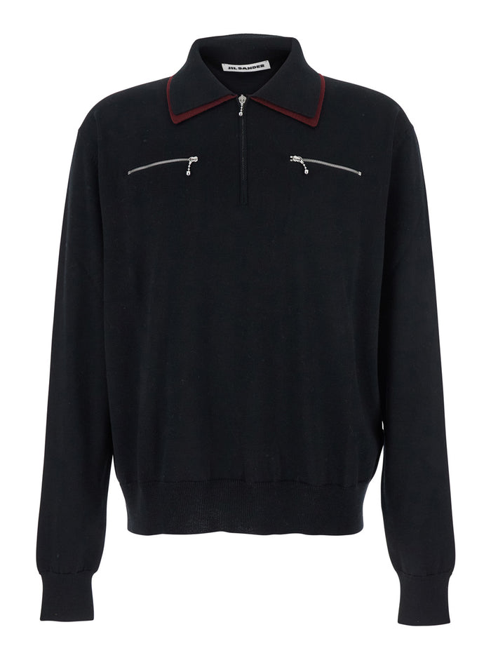 Black Sweater with Classic Collar and Front Zip Pockets in Wool Man Virgin Jersey
