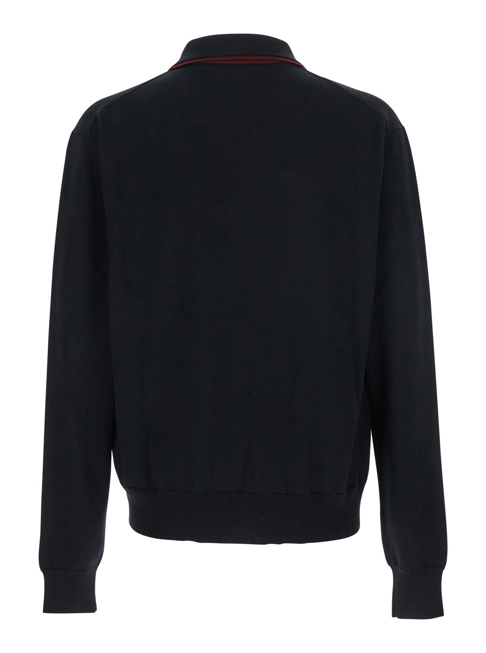 Black Sweater with Classic Collar and Front Zip Pockets in Wool Man Virgin Jersey