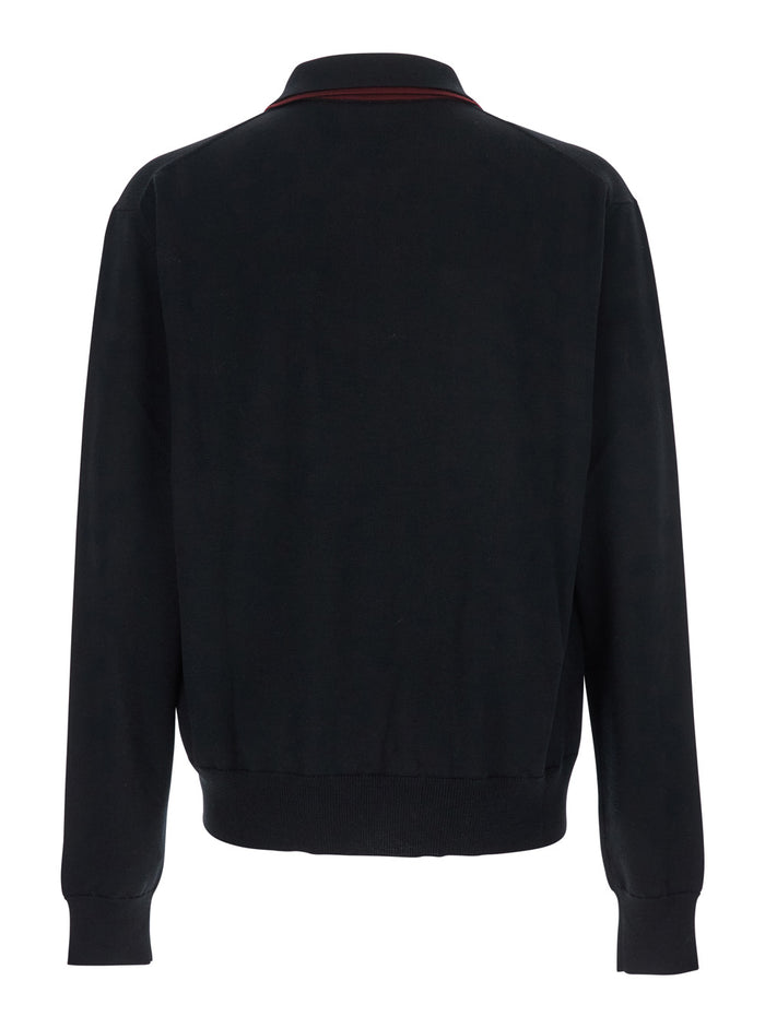 Black Sweater with Classic Collar and Front Zip Pockets in Wool Man Virgin Jersey