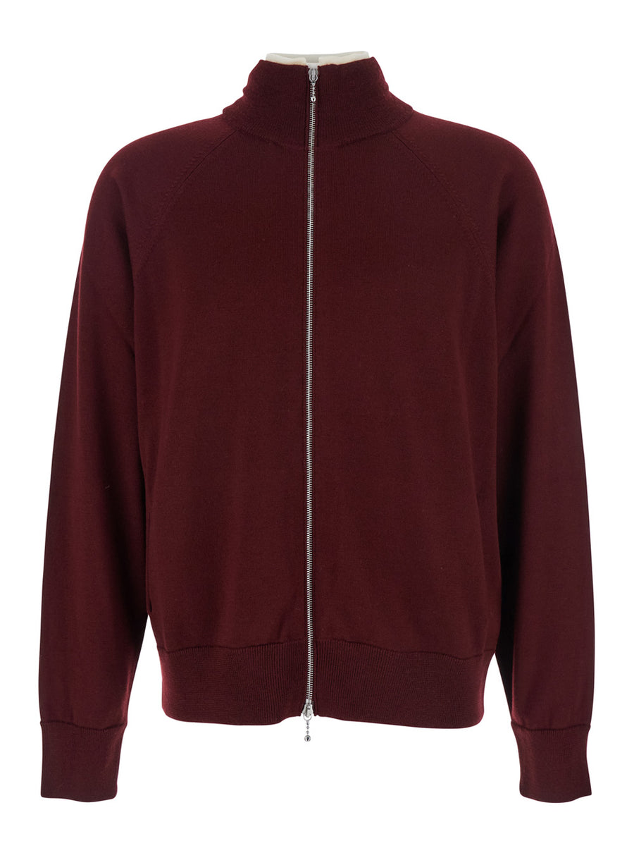 Bordeaux Cardigan With High Neck And Zip Closure Virgin Wool Tops
