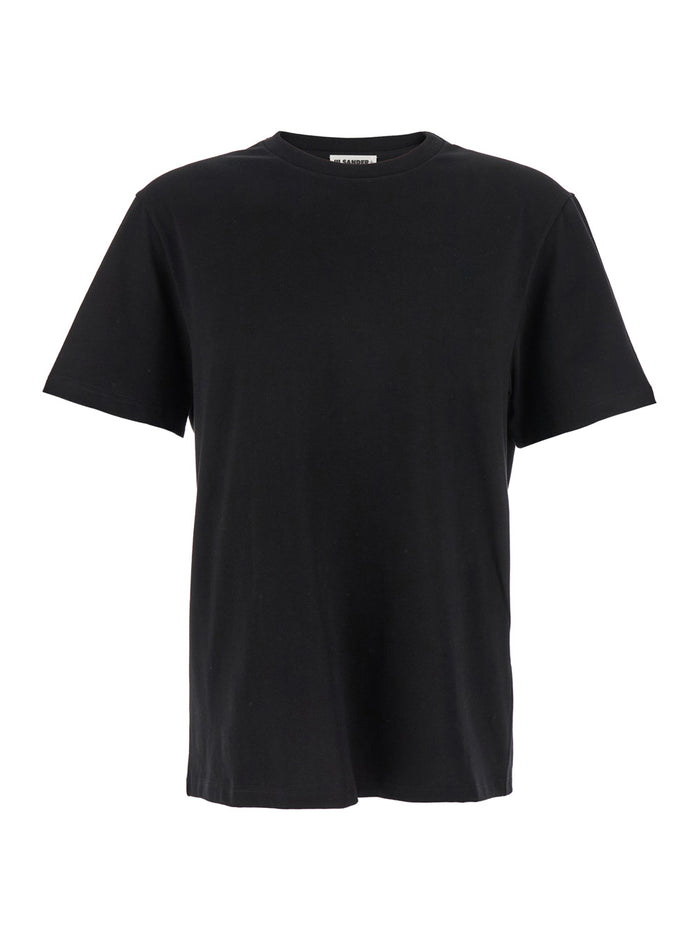 Black Crewneck T-Shirt with Logo Patch on the Rear in Cotton Man Tshirts And Polo Shirts