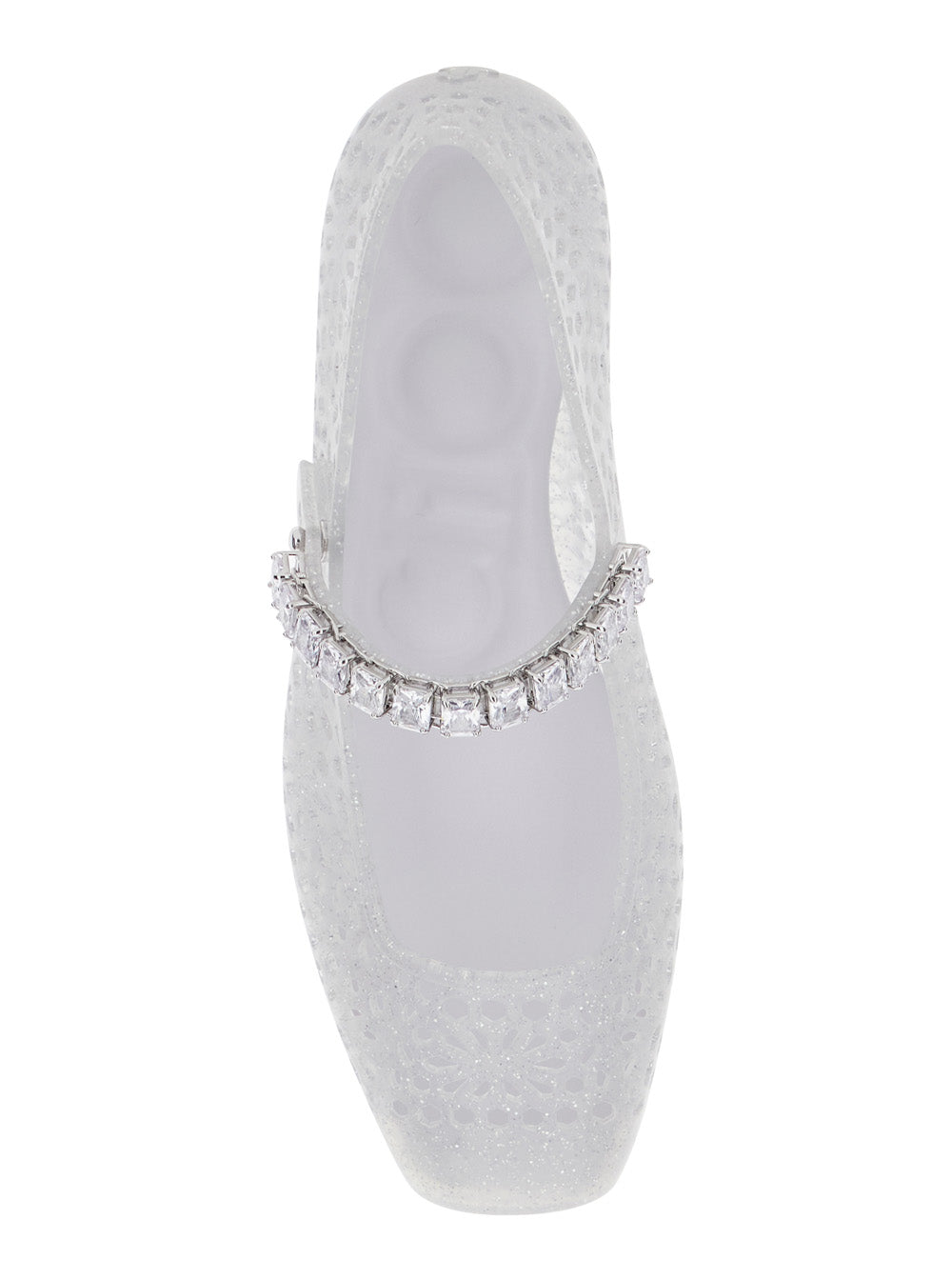 The Jelly White Ballet Shoes With Square Toe And Crystal Embellishments Tech Fabric Woman Ballerinas