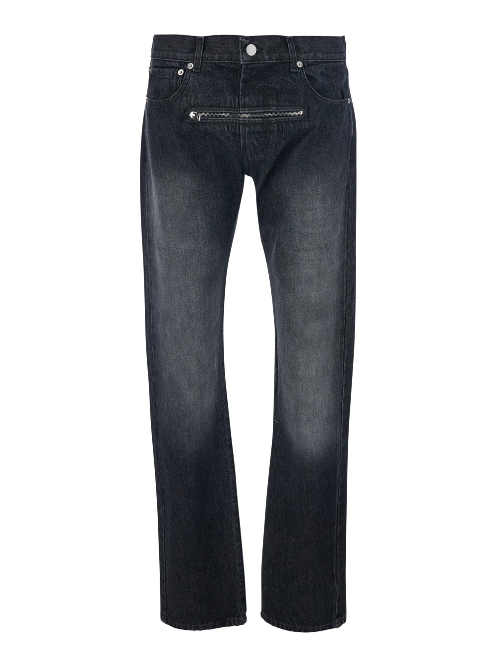 Black Jeans With Belt Loops And Front Zip Pocket Denim Man Cotton