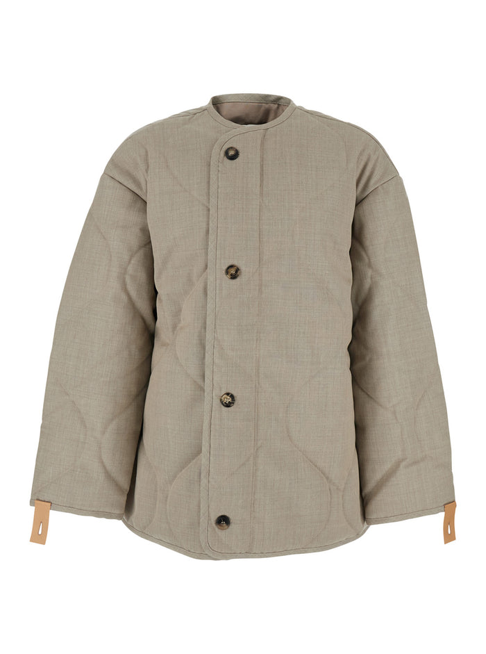 Beige Crewneck Jacket with Quilted Design on the Front and Logo Embroidery Rear in Fabric Man Outerwear