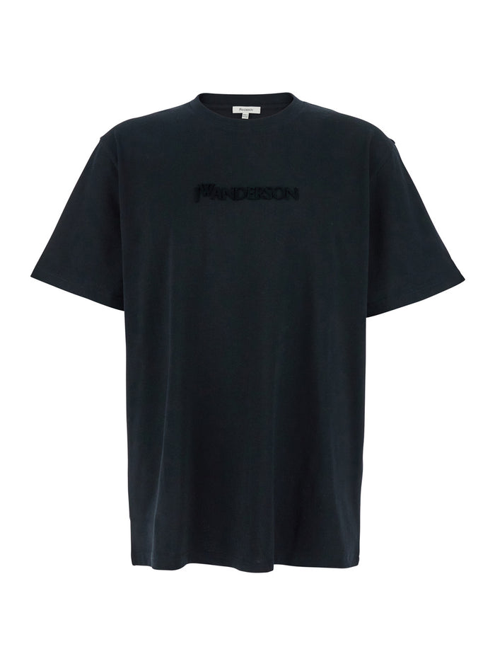 Black Crewneck T-Shirt with Logo Lettering Embroidery on the Front in Cotton Man Tshirts And Polo Shirts