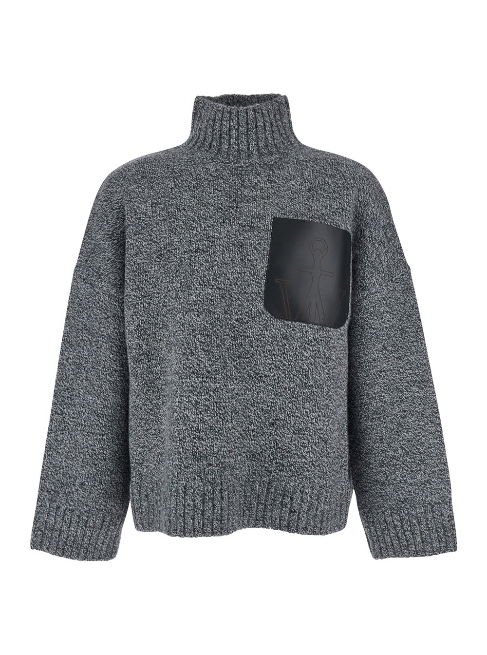 Grey Sweater with High Neck and One Front Patch Leather Pocket in Wool Blend Man Jersey