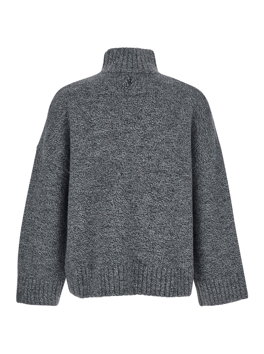 Grey Sweater with High Neck and One Front Patch Leather Pocket in Wool Blend Man Jersey