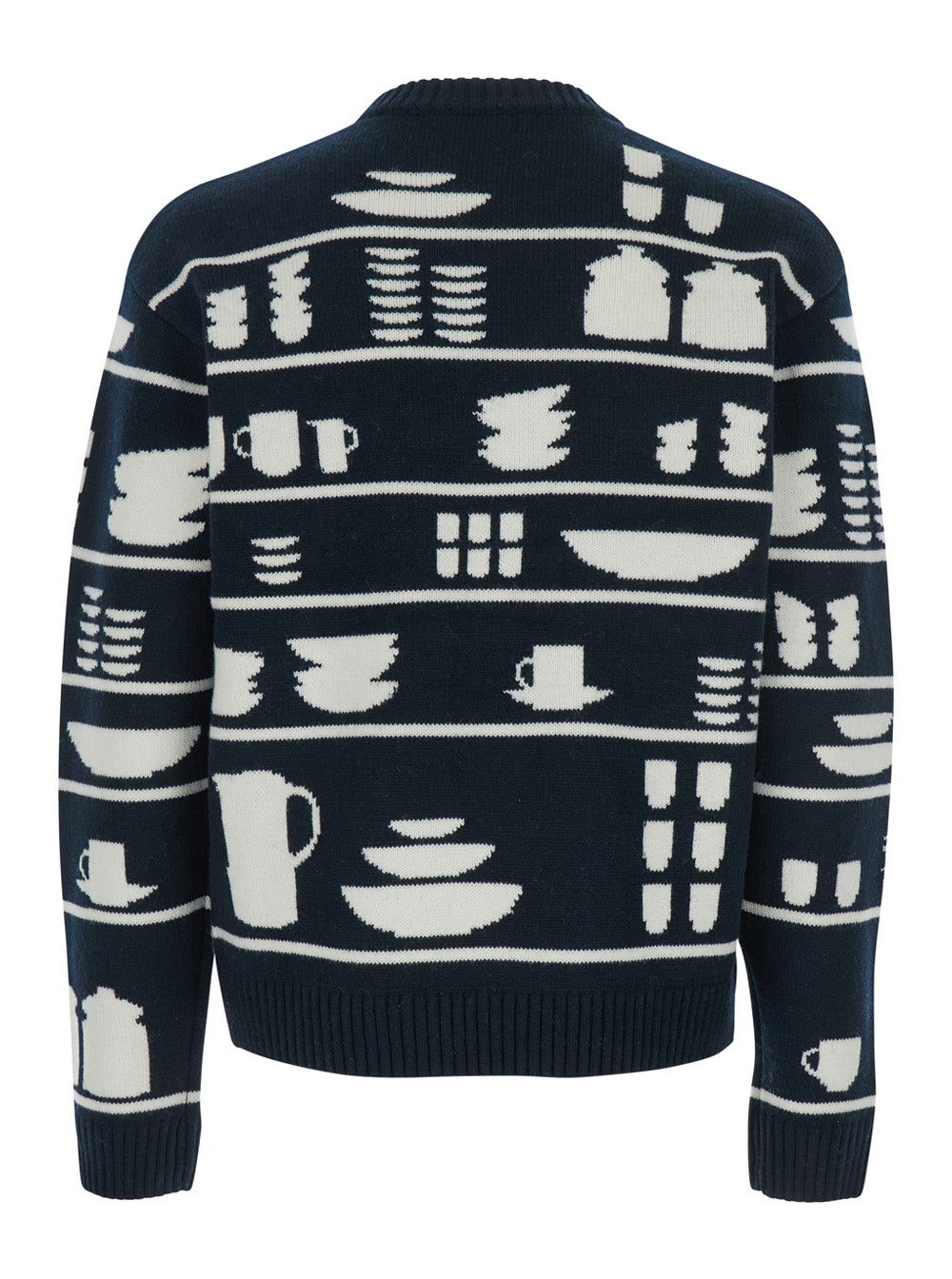 Black and White Crewneck Sweater with Tableware Motif in Wool Man White/black Jersey