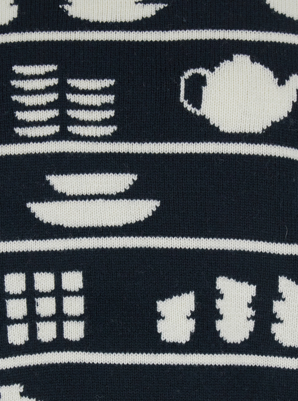 Black and White Crewneck Sweater with Tableware Motif in Wool Man White/black Jersey