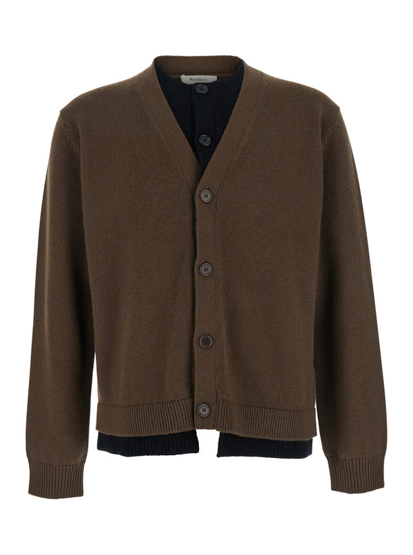 Brown V-Neck Cardigan With Layered Design Fabric Tops