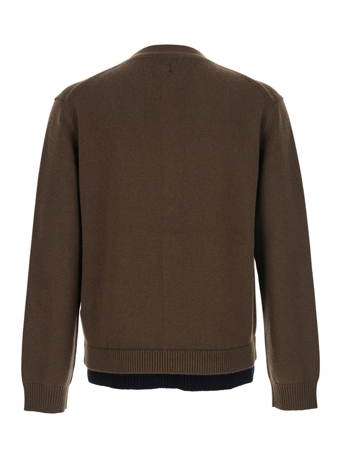 Brown Cardigan with V-Neck and Layered Design in Fabric Man Jersey