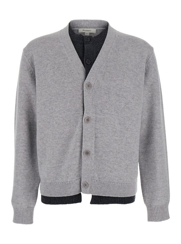 Grey V-Neck Cardigan With Layered Design Fabric Tops