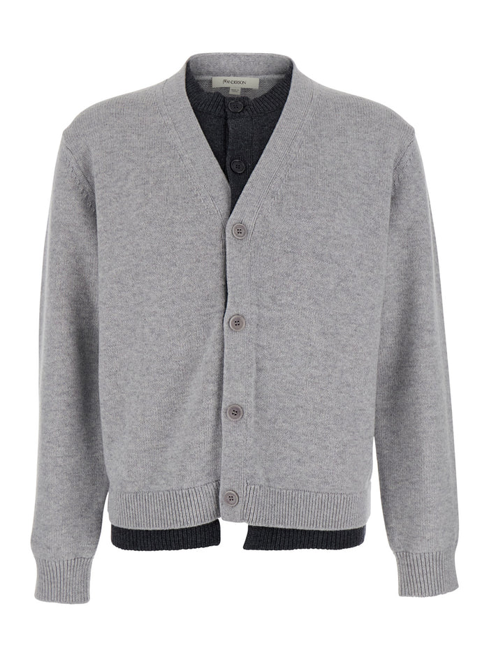 Grey Cardigan with V-Neck and Layered Design in Fabric Man Jersey