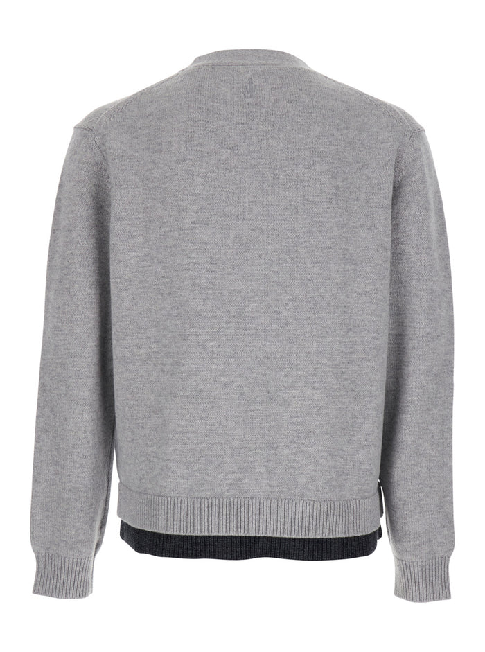 Grey Cardigan with V-Neck and Layered Design in Fabric Man Jersey