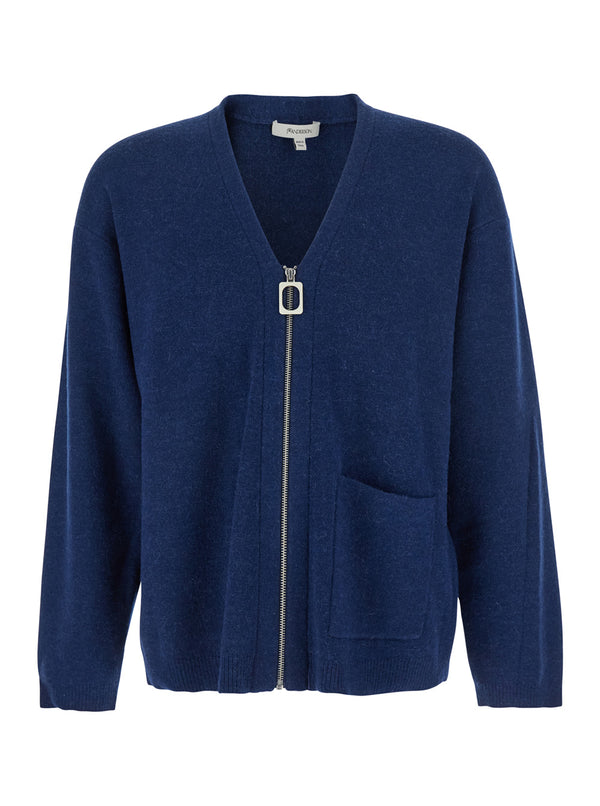 Blue Cardigan With V Neck And Zip Closure Wool Blend Tops