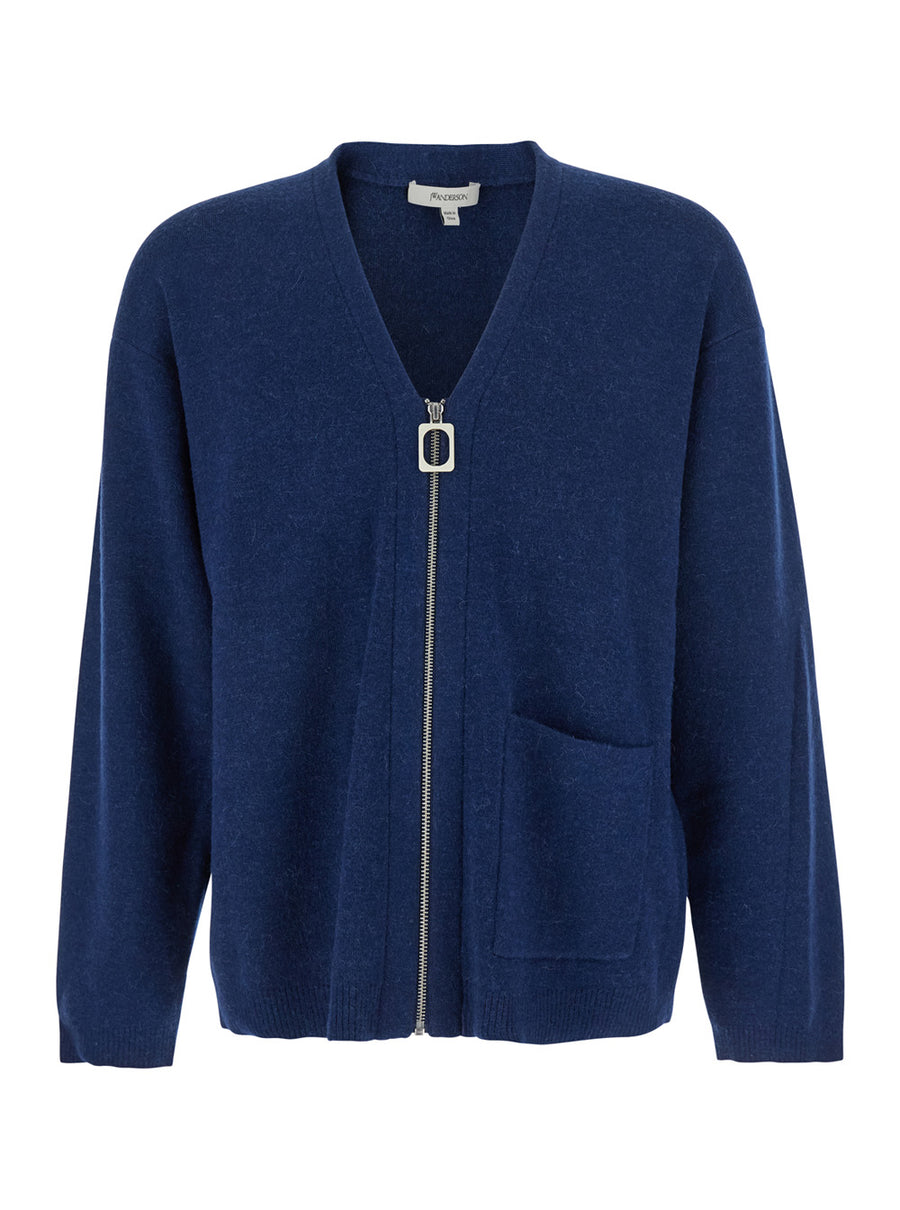 Blue Cardigan With V Neck And Zip Closure Wool Blend Tops