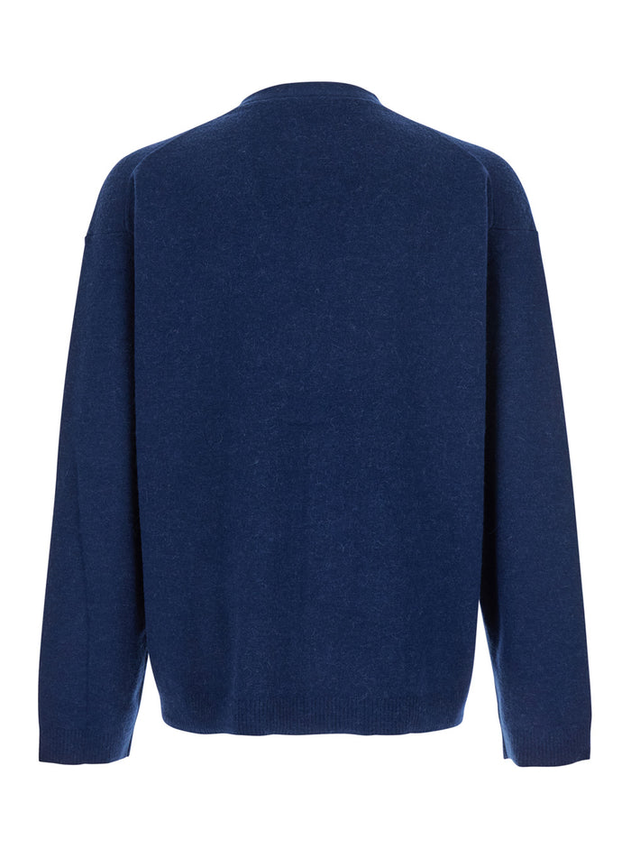 Blue Cardigan with V Neck and Front Zip Closure in Wool Blend Man Blu Jersey