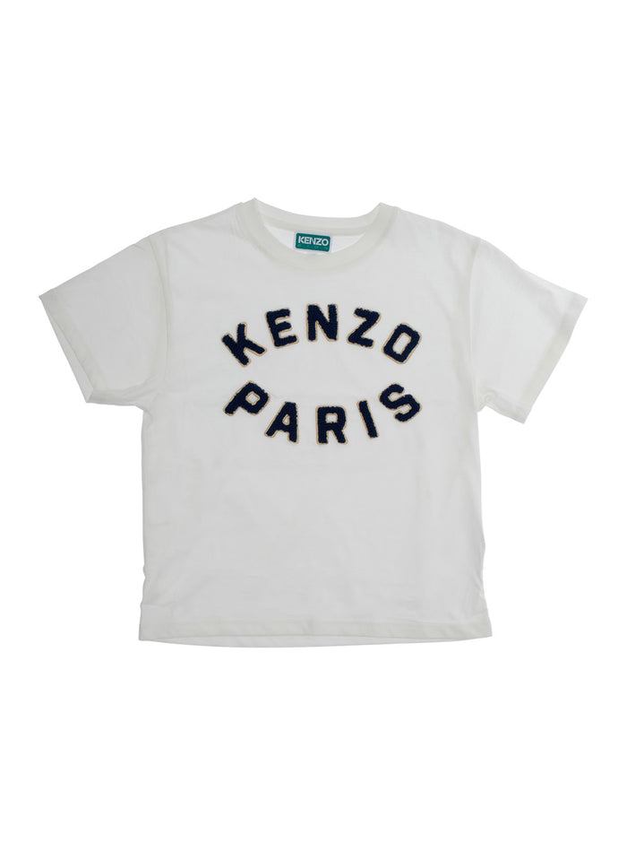 White Crewneck T-Shirt With Logo Lettering On The Front Cotton Boy Tshirts And Polo Shirts