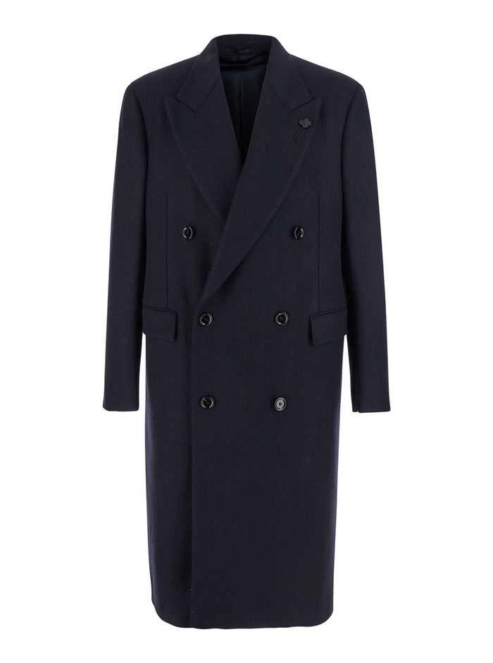 Blue Double-Breasted Coat With Peak Lapels Wool Man Blu