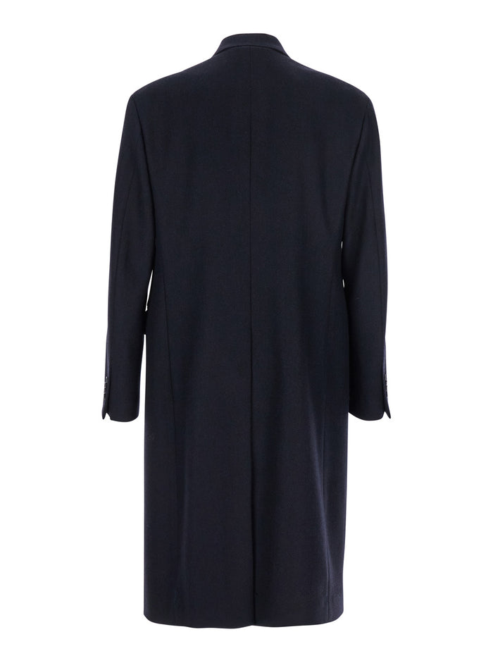 Blue Double-Breasted Coat With Peak Lapels Wool Man Blu