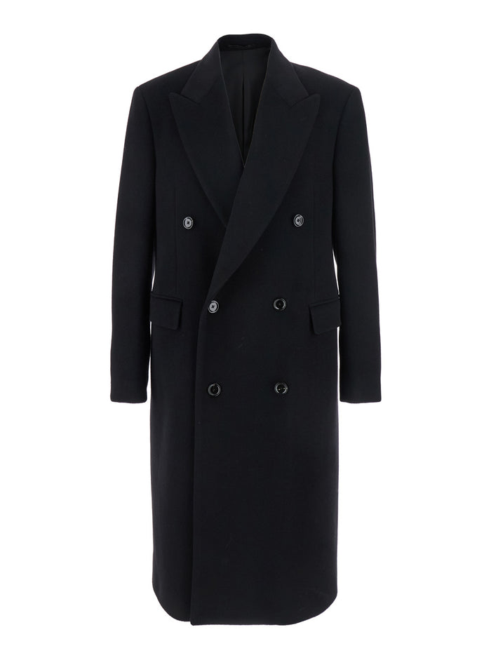 Black Double-Breasted Coat With Peak Lapels Wool Man