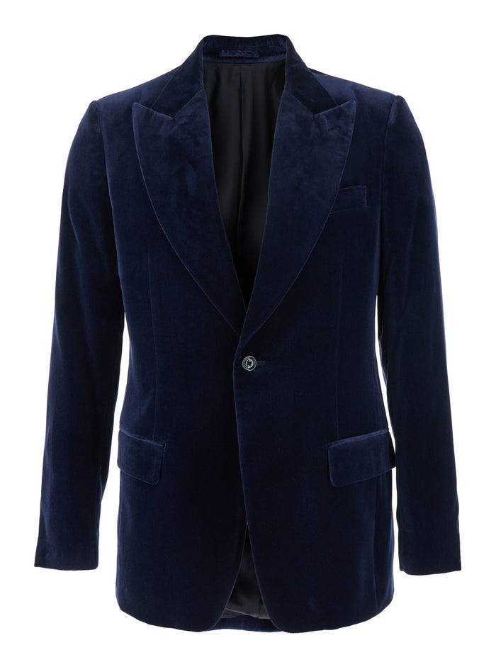 Blue Single-Breasted Jacket with Pointed Lapels in Velvet Man Blu Blazers