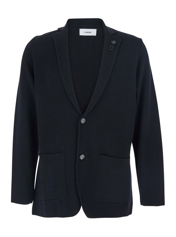 Black Single-Breasted Jacket With Notched Revers And Floral Pin Detail On The Front Wool Man Blazers