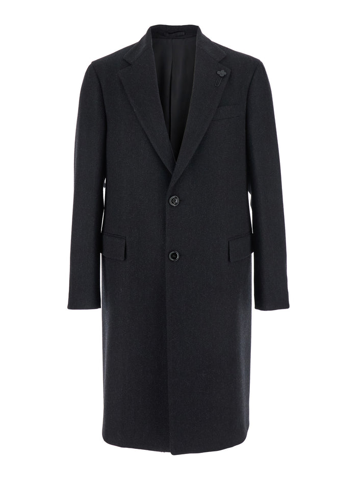 Grey Single-Breasted Coat With Classic Lapels Wool Man