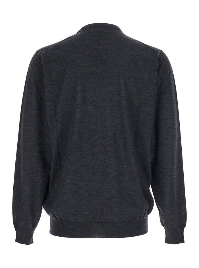 Grey Crew Neck Sweater With Dropped Shoulders Wool Man Jersey
