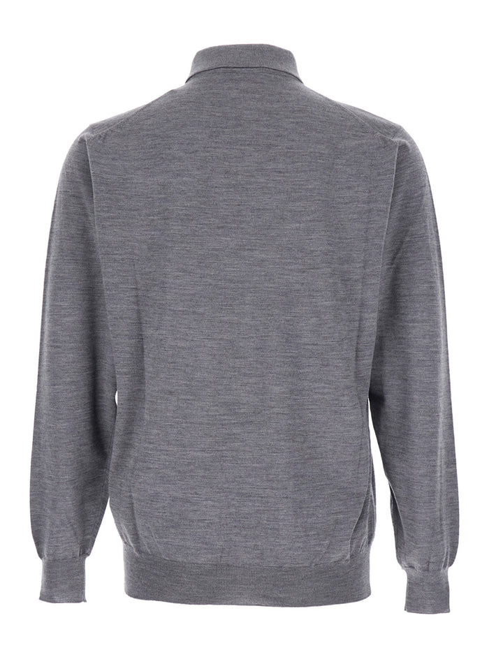Grey Polo Shirt With Classic Collar And Dropped Shoulders Wool Man Tshirts